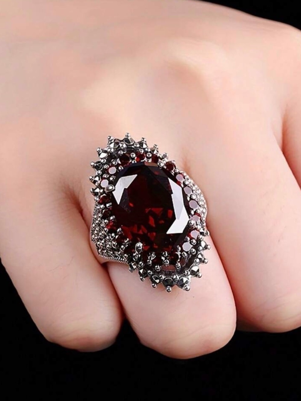 Deep Red Gemstone Silver-Tone Statement Ring - Picture 3 of 6
